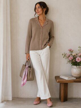 Peter Nygard 100% Merino Wool Cardigan Tan Neutral Button Front Sweater